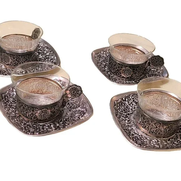 4 Vintage Pewter Saucer Tea Coffee Cups Floral Flower Glass Mug Dining Dinner - Picture 13 of 13